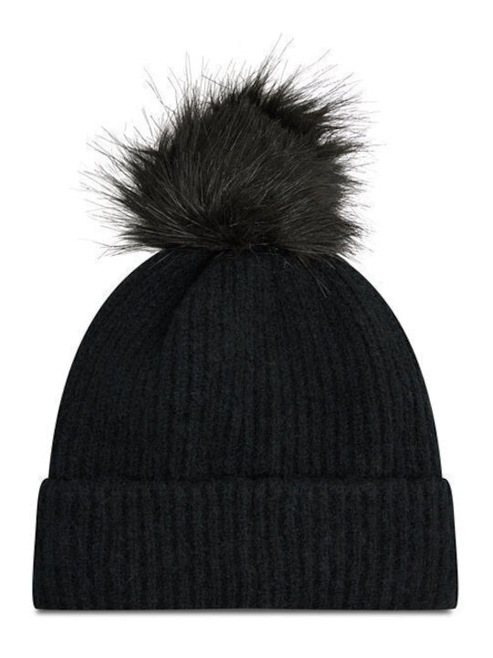 Winter Blur Pom Pom Beanie Unisex Σκούφος με Rib Πλέξη σε Μαύρο χρώμα