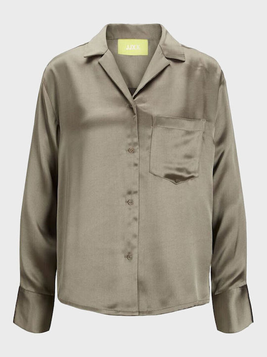 Langärmelig Damen Satin,σατεν Hemd Khaki Monochrom