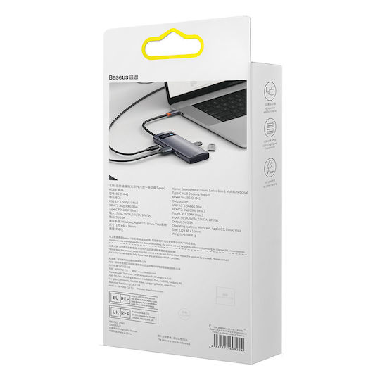 Baseus Metal Gleam Series 6in1 USB-C Docking Station with HDMI 4K PD Ethernet Gray