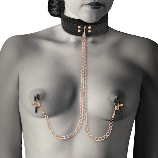 Coquette Vegan Leather Collar With Nipple Clamps BDSM Kit in Black Color