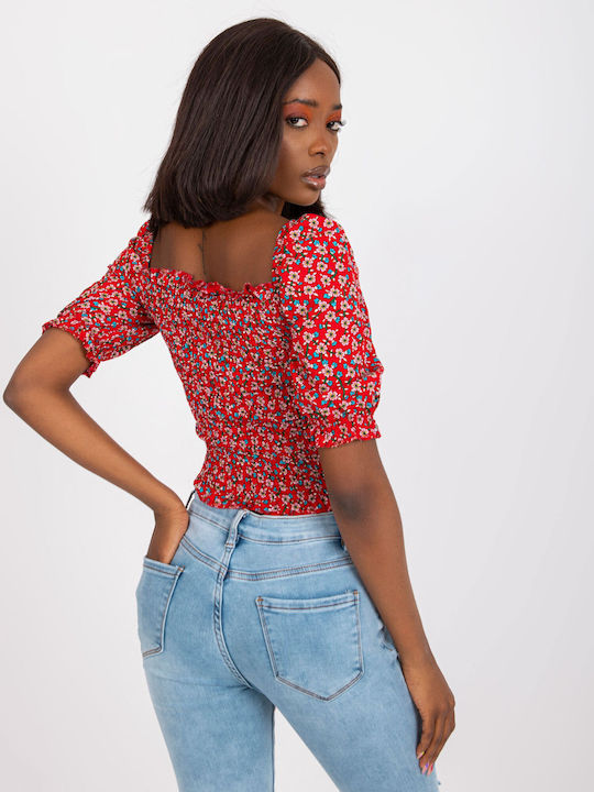 Rue Paris Damen Sommer Crop Top Kurzarm Blumen Rot