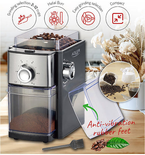 Adler AD-4448 Electric Coffee Grinder 300W for 250gr Beans and 12 Grind Levels Silver