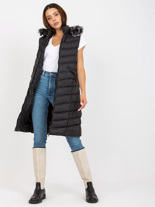 Rue Paris Lang Damen Ärmellos Puffer Jacke mit pelziger Kapuze für Winter Schwarz