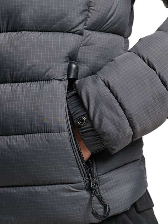 Women's Short Puffer Jacket for Winter Grid Charcoal