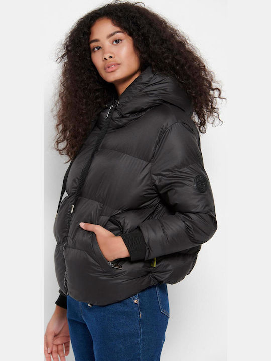 Women's Short Puffer Jacket for Winter with Hood Black