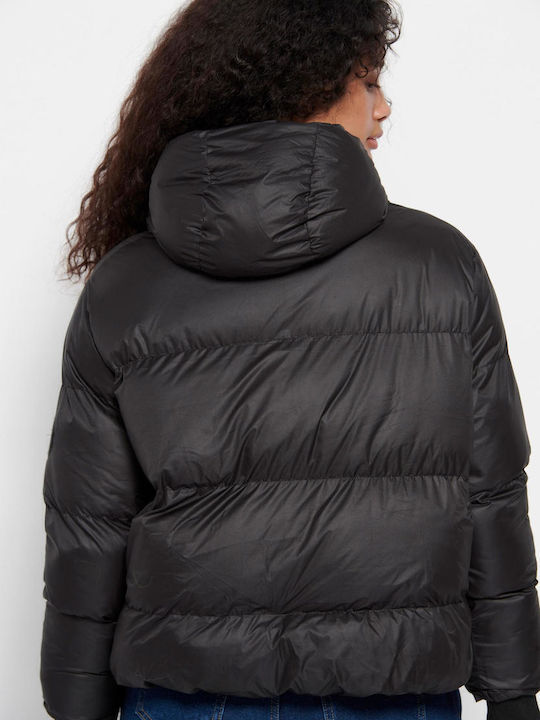 Women's Short Puffer Jacket for Winter with Hood Black