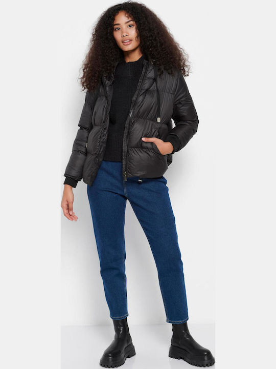 Women's Short Puffer Jacket for Winter with Hood Black