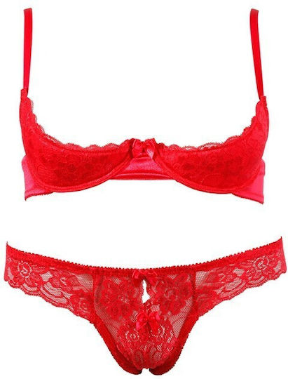 Cottelli Collection Erotic Satin Lace Bra Set Sexy Σετ Εσωρούχων με Δαντέλα Red