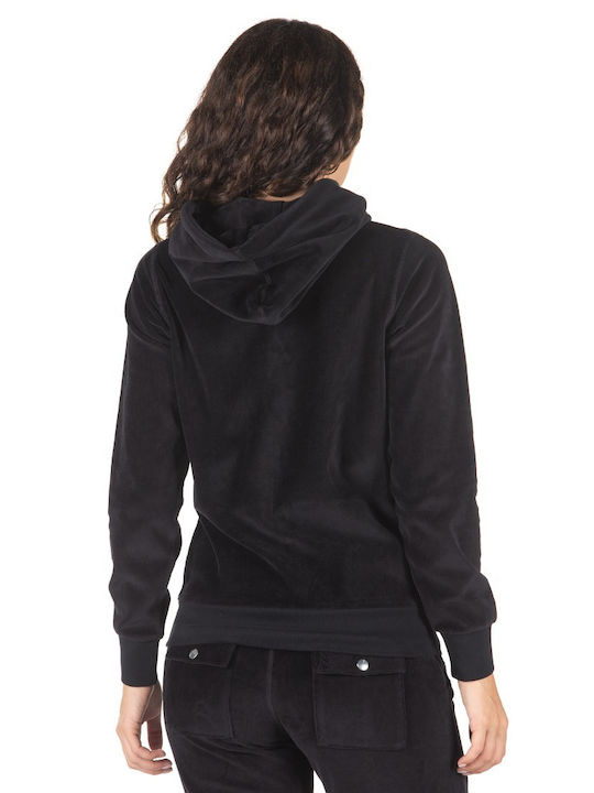 District75 Women's Hooded Velvet Cardigan Black