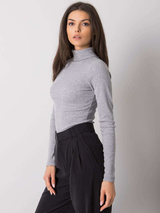 Rue Paris Women's Blouse Cotton Long Sleeve Turtleneck Gray