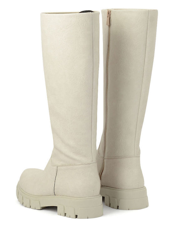 Leather Women's Boots with Zipper Beige