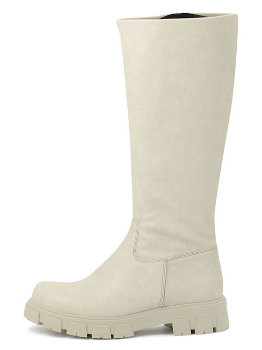 Leather Women's Boots with Zipper Beige