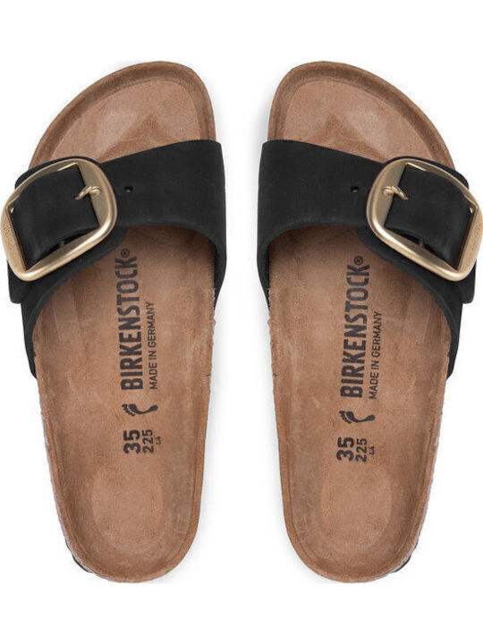 Madrid Big Buckle Leather Women's Flat Sandals Anatomic in Black Color Narrow Fit
