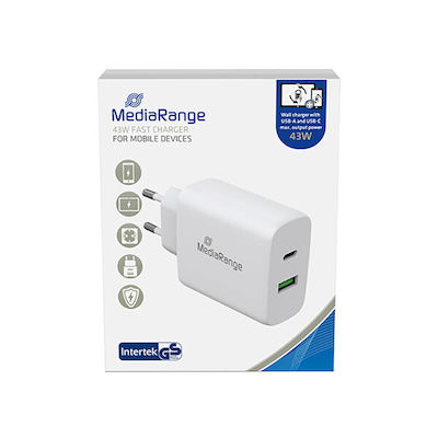 MediaRange Charger Without Cable with USB-A Port and USB-C Port 43W Power Delivery White (MRMA113)