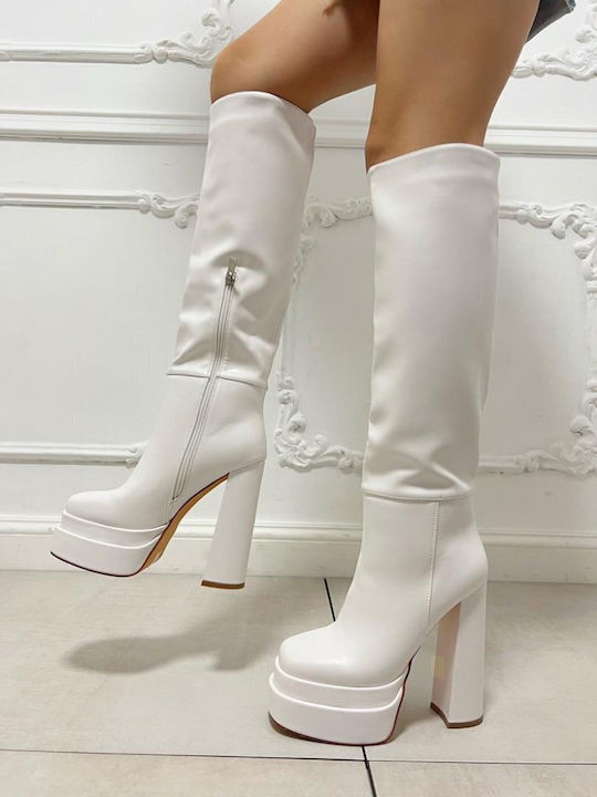 Famous Shoes Γυναικείες Μπότες με Ψηλό Τακούνι Λευκές