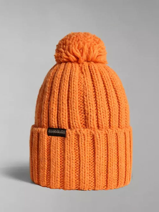 Napapijri Semiury NA4GKB Pom Pom Beanie Unisex Cap Ribbed Orange Buttern