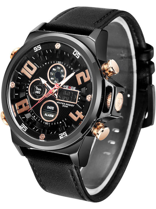 Weide Analog/Digital Herrenuhr 43mm Chronograph Batterie mit Schwarz Lederarmband