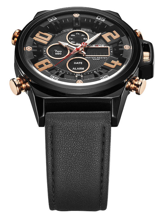 Weide Analog/Digital Herrenuhr 43mm Chronograph Batterie mit Schwarz Lederarmband