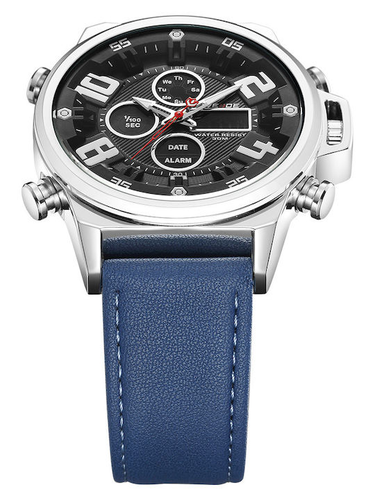 Weide Analog/Digital Herrenuhr 43mm Chronograph Batterie mit Blau Lederarmband