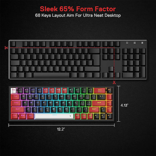 Redragon K631 Pro BRW Ασύρματο Gaming Μηχανικό Πληκτρολόγιο 65% με Custom Red διακόπτες και RGB φωτισμό (Αγγλικό US)