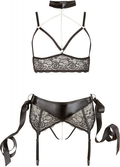 Cottelli Collection Set Sutien Bondage Provocator Seturi De Lenjerie Sexy Cu Dantelă Și Jartiere Negre