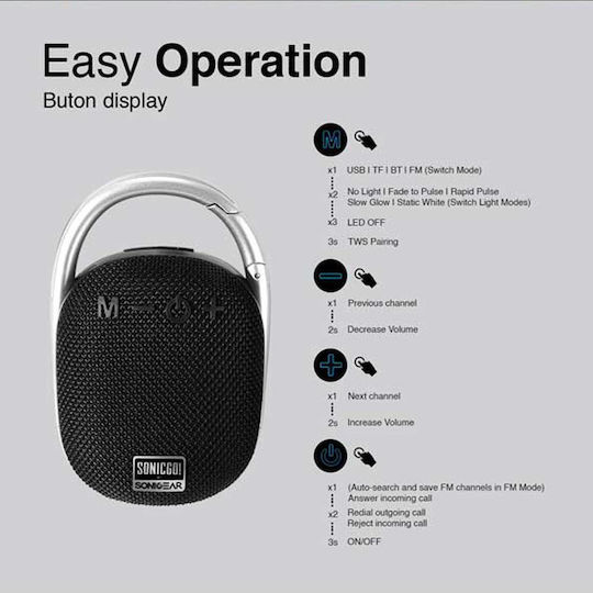 Sonic Gear Go 1 Ηχείο Bluetooth 5W με Ραδιόφωνο και Διάρκεια Μπαταρίας έως 4 ώρες Μαύρο
