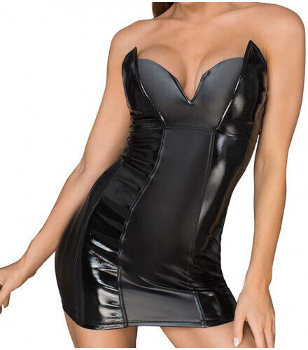 Noir Handmade Powerwetlook Lacquered Eco Leather Minidress Rochie Negru