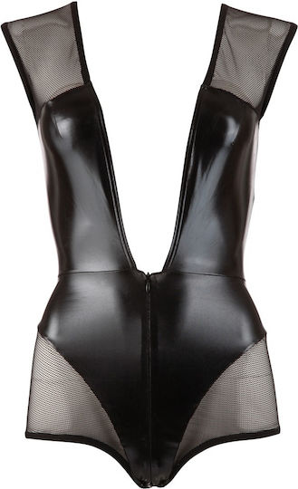 Cottelli Collection Wetlook Body mit Mesh Bodi Schwarz