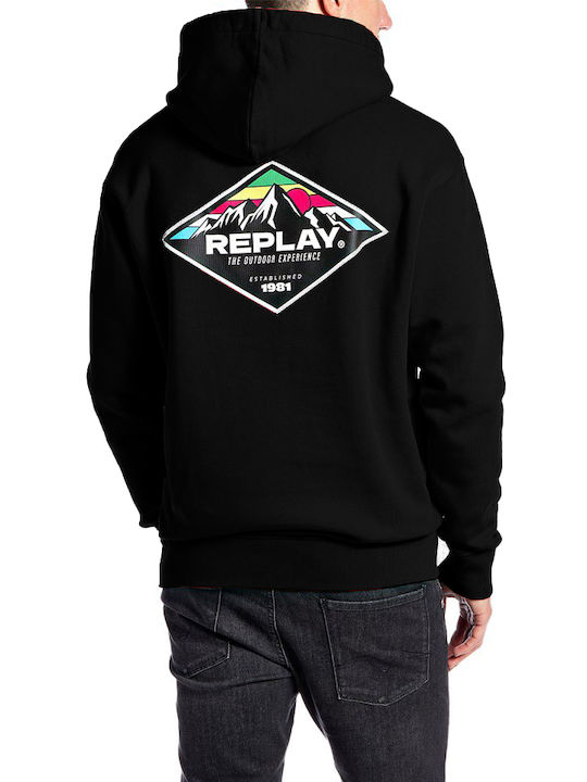 Replay Herren Sweatshirt mit Kapuze und Taschen Schwarz