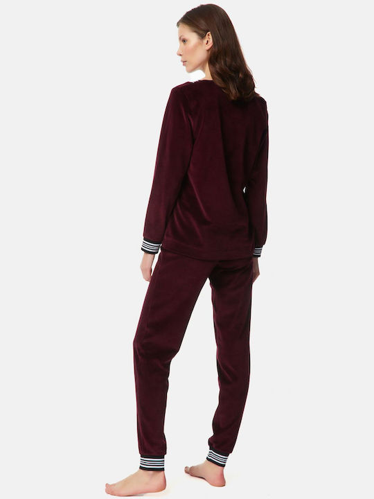 Minerva Winter Damen Pyjama-Set Samt Burgundisch Love Addict