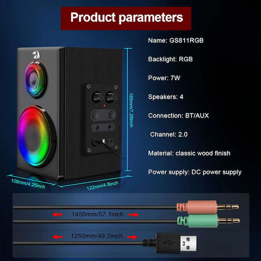 Redragon GS811 2.0 Wireless Speakers with RGB and Bluetooth 7W Black