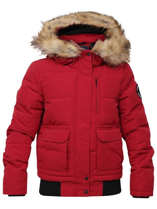 D1 Everest Kurz Damen Puffer Jacke mit pelziger Kapuze für Winter Rot