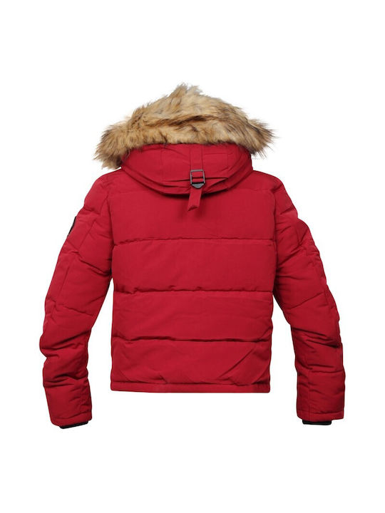 D1 Everest Kurz Damen Puffer Jacke mit pelziger Kapuze für Winter Rot