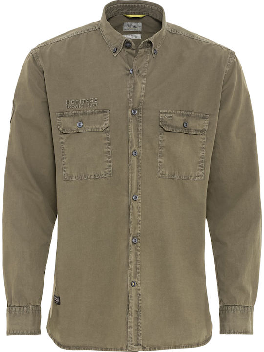 Langärmeliges Baumwoll-Overshirt in Normale Passform Khaki