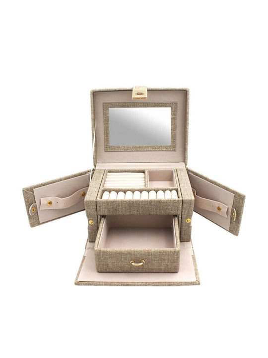 Velvet Jewellery Box with Drawer and Mirror Dark Beige 19.5x16x12cm