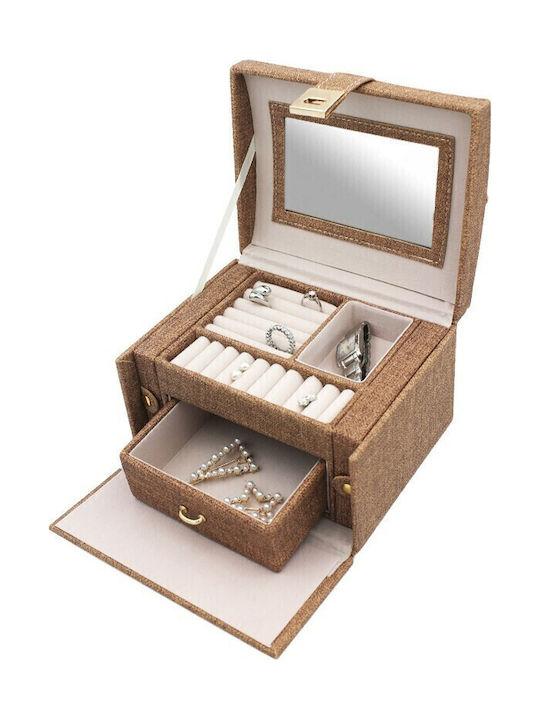 Velvet Jewellery Box with Drawer & Mirror Brown 19.5x16x12cm