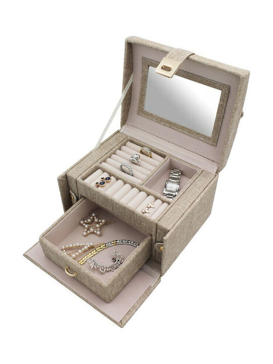 Samt Schmuckkästchen mit Schublade & Spiegel Beiges 19.5x16x12cm