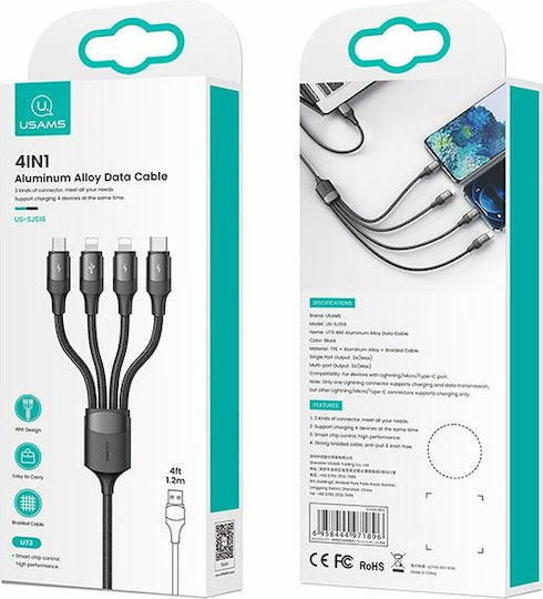 Usams Braided USB to 2xLightning / Type-C / micro USB Cable Μαύρο 1.2m (SJ516USB01)