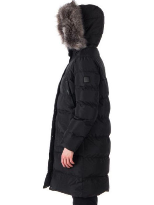 Lungă Jachetă de femei Puffer cu glugă de blană Negru