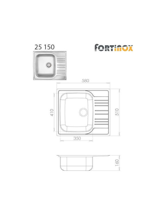 Fortinox Valley 25150 Ένθετος Νεροχύτης Inox Σατινέ Μ58xΠ51cm Ασημί