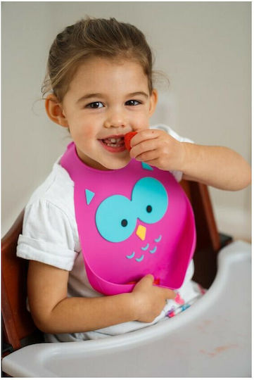 Make my Day Owl Waterproof Bib Silicone with Button & Pocket Pink for 6 m+
