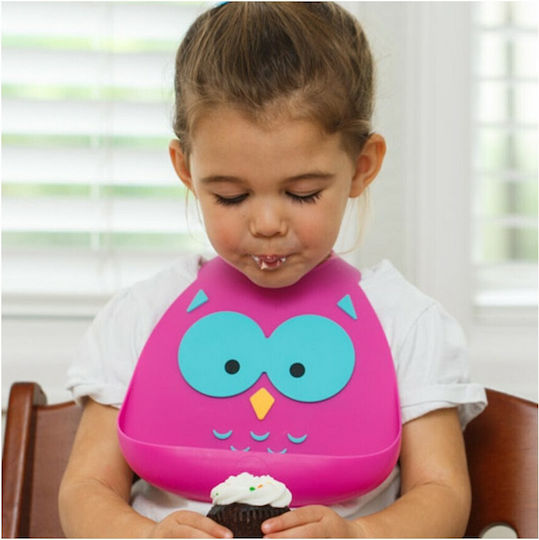 Make my Day Owl Waterproof Bib Silicone with Button & Pocket Pink for 6 m+