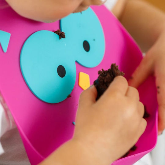 Make my Day Owl Waterproof Bib Silicone with Button & Pocket Pink for 6 m+