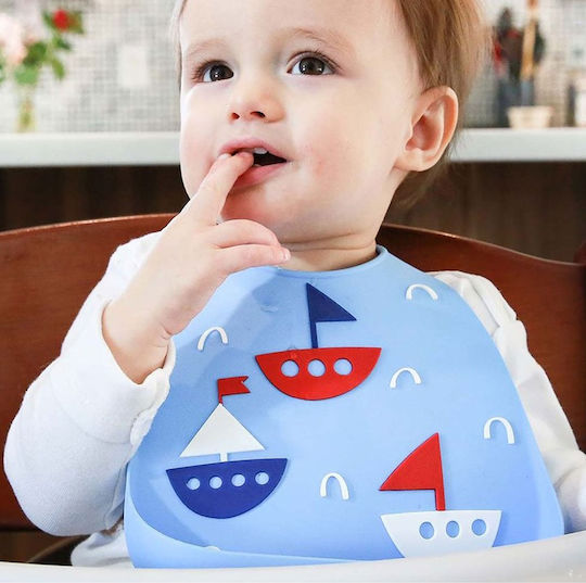 Make my Day Boats Waterproof Bib Silicone with Button & Pocket Navy Blue for 6 m+