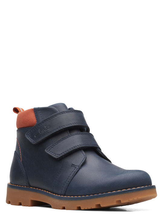 Clarks Kids Leather Military Boots with Hoop & Loop Closure Blue