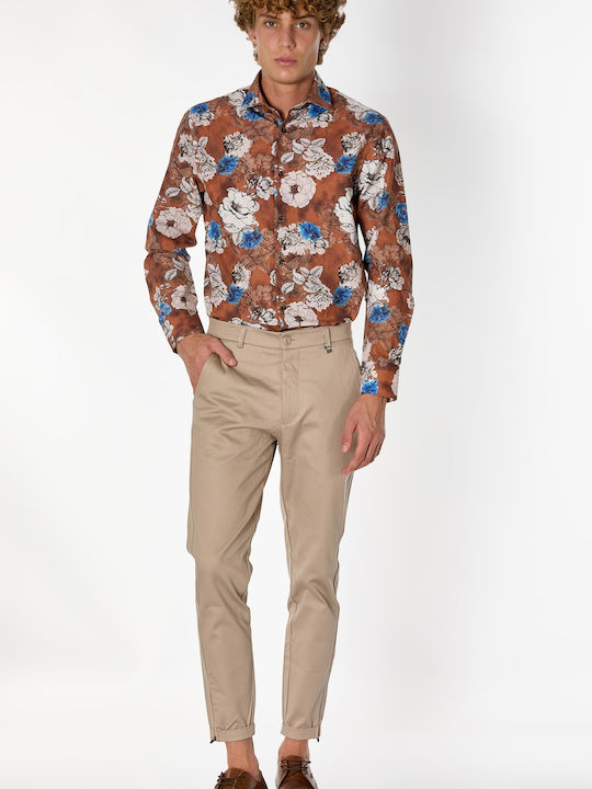 Long-sleeved Cotton Shirt Floral Brown