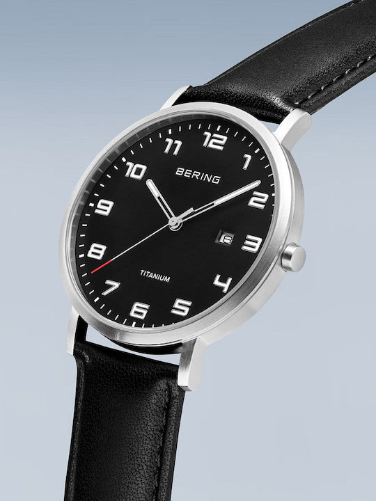 Bering Time Titanium Ανδρικό Ρολόι 40mm Μπαταρίας με Μαύρο Δερμάτινο Λουράκι