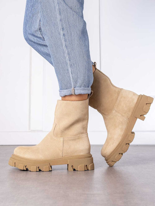 Suede Women's Ankle Boots Beige