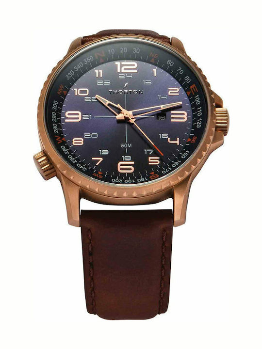 Thorton Kalf Ανδρικό Ρολόι 47mm Μπαταρίας με Καφέ Δερμάτινο Λουράκι