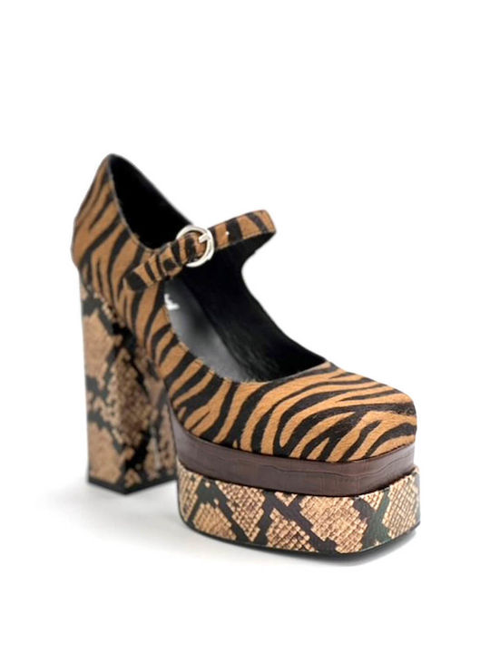 Jeffrey Campbell Leather Brown High Heels with Strap Animal Print Chillin